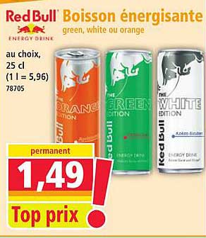 Boisson énergisante red bull green, white ou orange au choix, 25 cl
