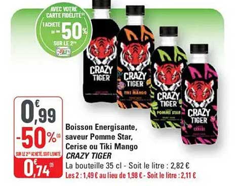 Boisson Energisante, saveur Pomme Star, Cerise ou Tiki Mango CRAZY TIGER