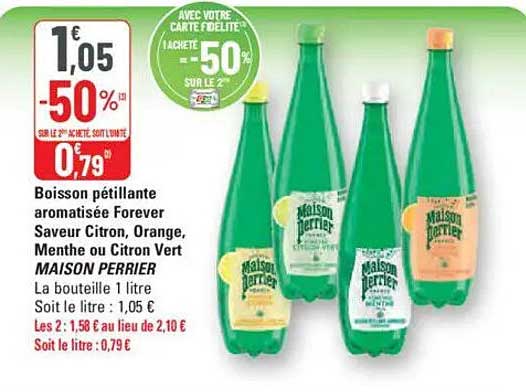Boisson pétillante aromatisée Forever Saveur Citron, Orange, Menthe ou Citron Vert MAISON PERRIER