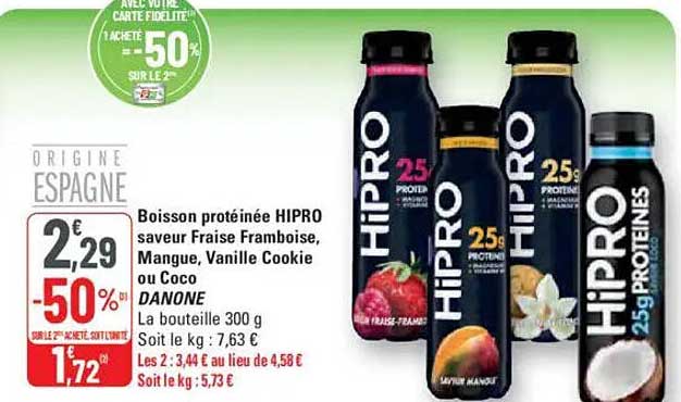 Boisson protéinée HIPRO saveur Fraise Framboise, Mangue, Vanille Cookie ou Coco