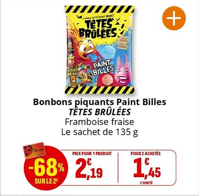 Bonbons piquants Paint Billes TÊTES BRULÉES Framboise fraise Le sachet de 135 g