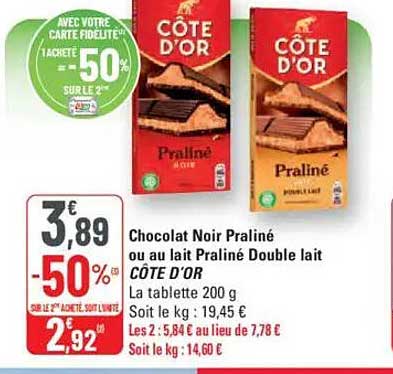 Chocolat Noir Praliné ou au lait Praliné Double lait CÔTE D'OR
