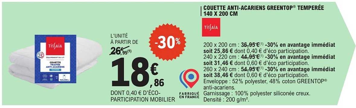 COUETTE ANTI-ACARIENS GREENTOP® TEMPÉRÉE 140 X 200 CM