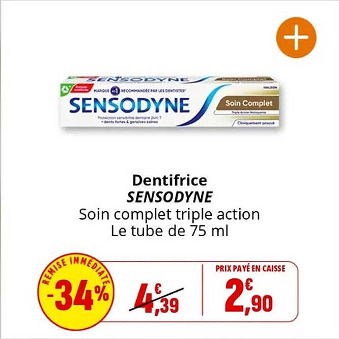 Dentifrice SENSODYNE Soin complet triple action Le tube de 75 ml