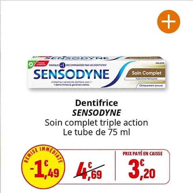 Dentifrice SENSODYNE Soin complet triple action Le tube de 75 ml