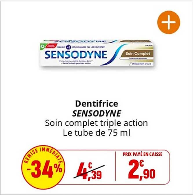 Dentifrice SENSODYNE Soin complet triple action Le tube de 75 ml