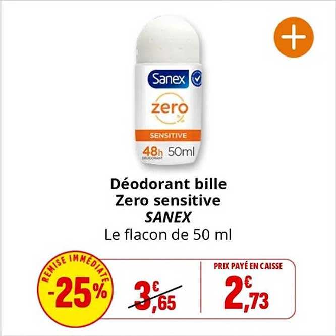 Déodorant bille Zero sensitive SANEX Le flacon de 50 ml