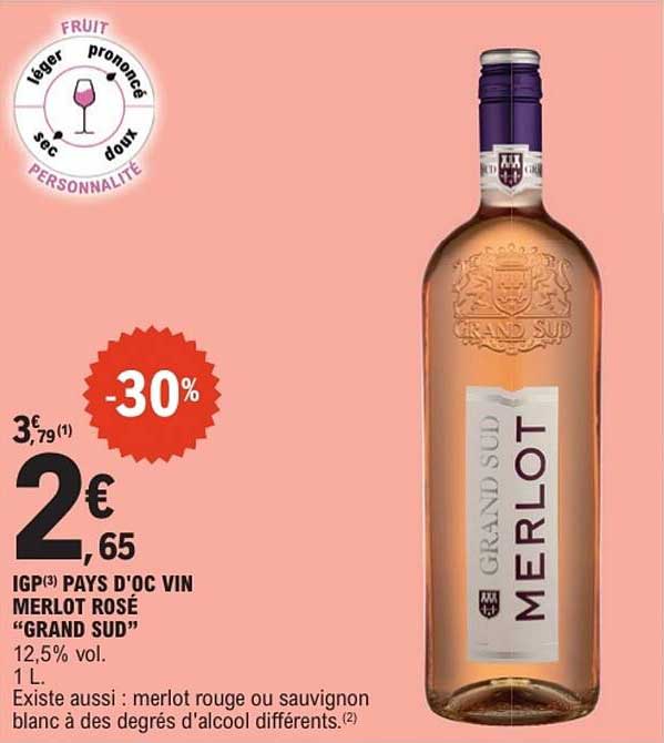 IGP(3) PAYS D'OC VIN MERLOT ROSÉ "GRAND SUD"