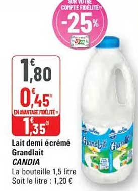 Lait demi écrémé Grandlait 1,5 litre -25%