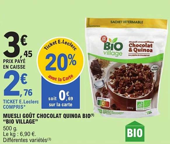 MUESLI GOÛT CHOCOLAT QUINOA BIO "BIO VILLAGE"