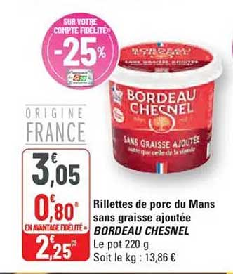 Rillettes de porc du Mans sans graisse ajoutée BORDEAU CHESNEL