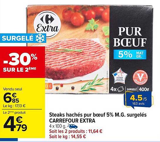 Steaks hachés pur bœuf 5% M.G. surgelés CARREFOUR EXTRA
