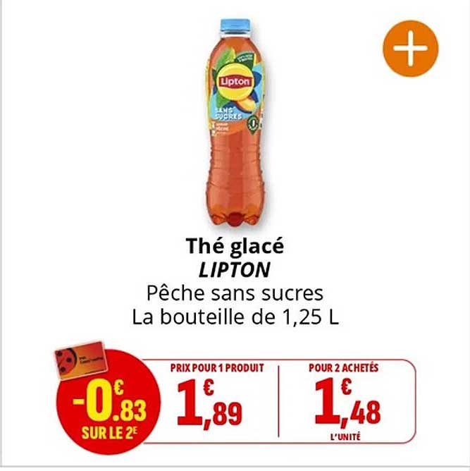 Thé glacé LIPTON Pêche sans sucres La bouteille de 1,25 L