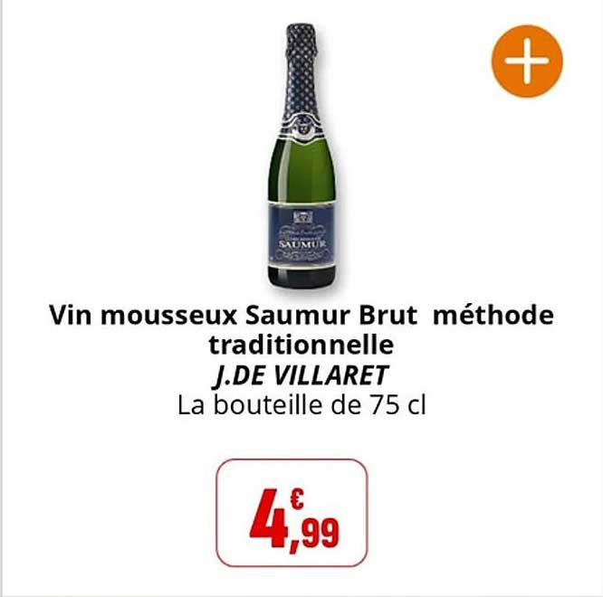 Vin mousseux Saumur Brut méthode traditionnelle J.DE VILLARET La bouteille de 75 cl