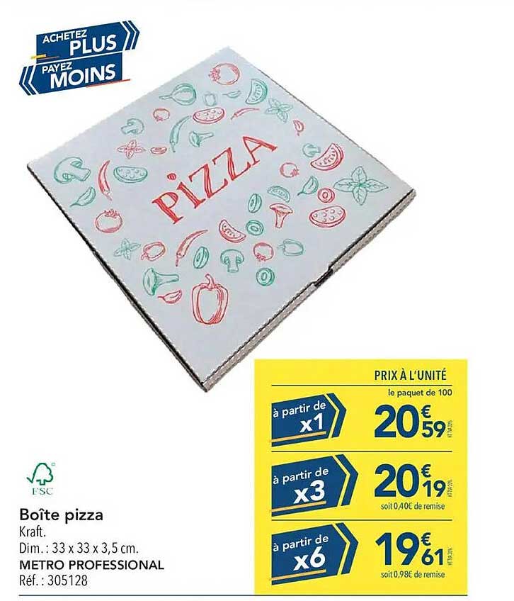 Boîte pizza Kraft. Dim. : 33 x 33 x 3,5 cm. METRO PROFESSIONAL Réf. : 305128