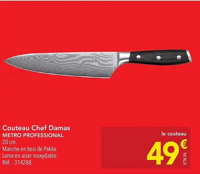 Couteau Chef Damas METRO PROFESSIONAL 20 cm. Manche en bois de Pakka. Lame en acier inoxydable. Réf.: 314288