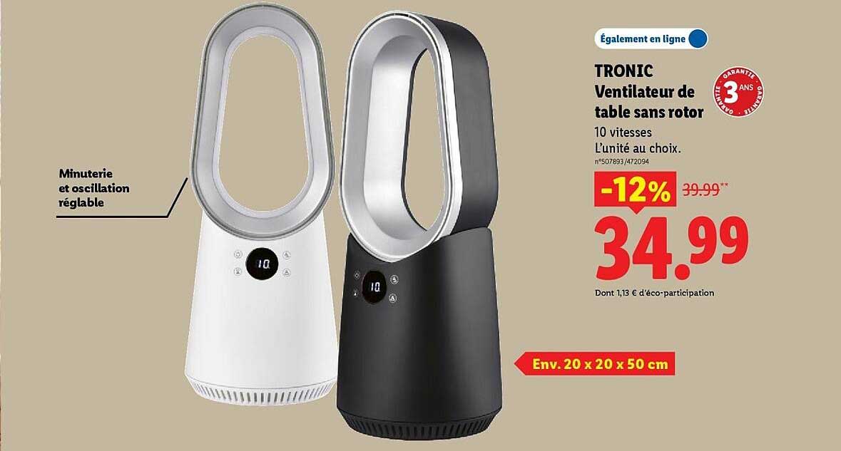 TRONIC Ventilateur de table sans rotor