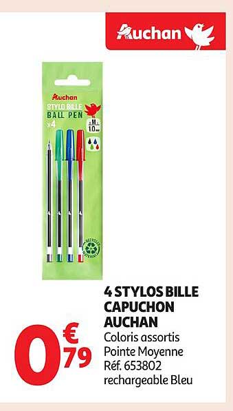 4 STYLOS BILLE CAPUCHON AUCHAN
