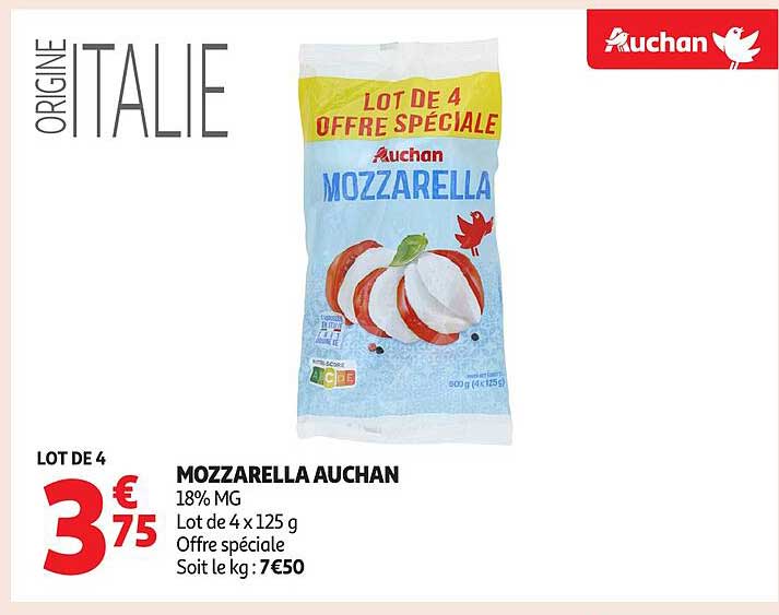 LOT DE 4 MOZZARELLA AUCHAN 18% MG