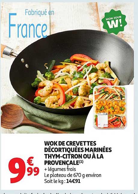 Wok de crevettes décortiquées marinées thym-citron ou à la provençale