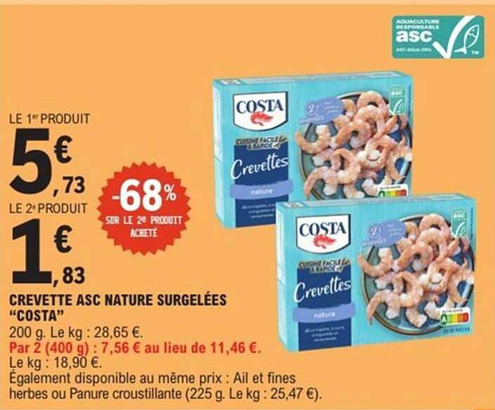 CREVETTE ASC NATURE SURGELÉES “COSTA”