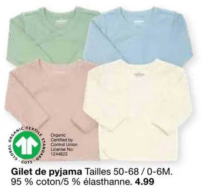 Gilet de pyjama Tailles 50-68 / 0-6M. 95 % coton/5 % élasthanne. 4.99