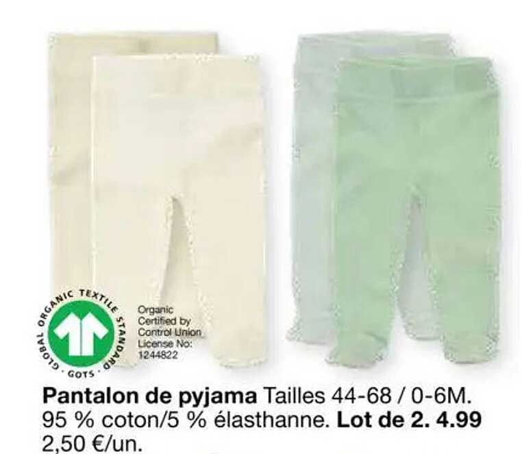 Pantalon de pyjama Tailles 44-68 / 0-6M. 95 % coton/5 % élasthanne. Lot de 2 4.99