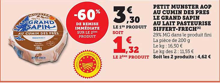 PETIT MUNSTER AOP AU CUMIN DES PRES LE GRAND SAPIN AU LAIT PASTEURISE SIFFERT-FRECH