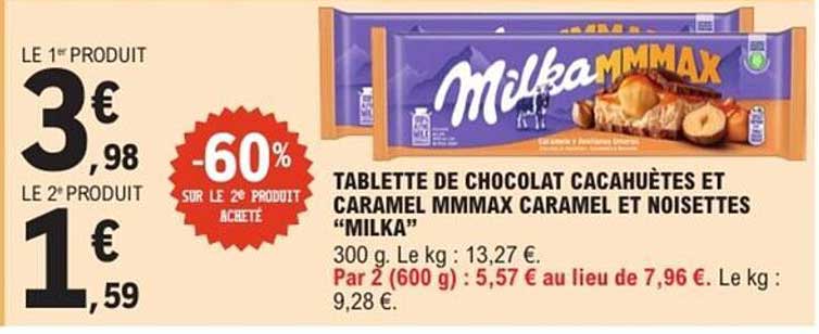 TABLETTE DE CHOCOLAT CACAHUÈTES ET CARAMEL MMMAX CARAMELET NOISETTES “MILKA”