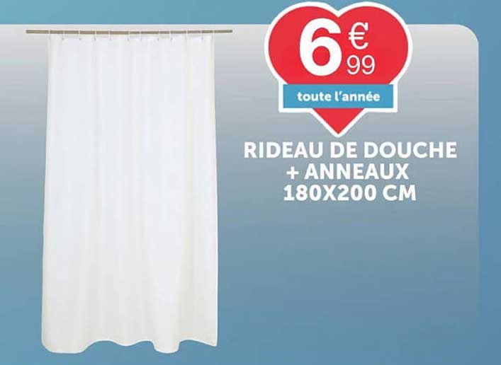 RIDEAU DE DOUCHE + ANNEAUX 180X200 CM