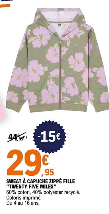 SWEAT À CAPUCHE ZIPPÉ FILLE “TWENTY FIVE MILES”