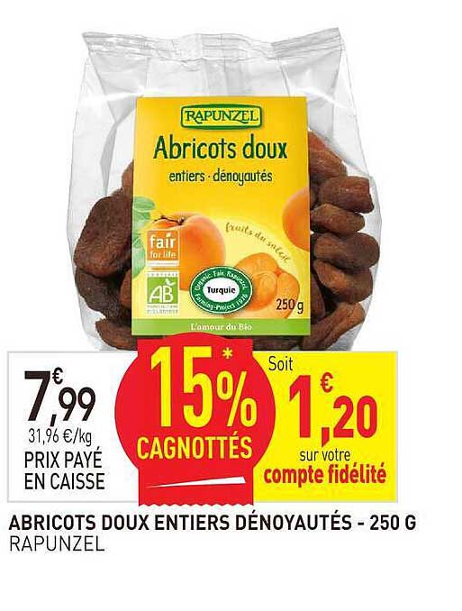 ABRICOTS DOUX ENTIERS DÉNOYAUTÉS - 250 G RAPONZEL