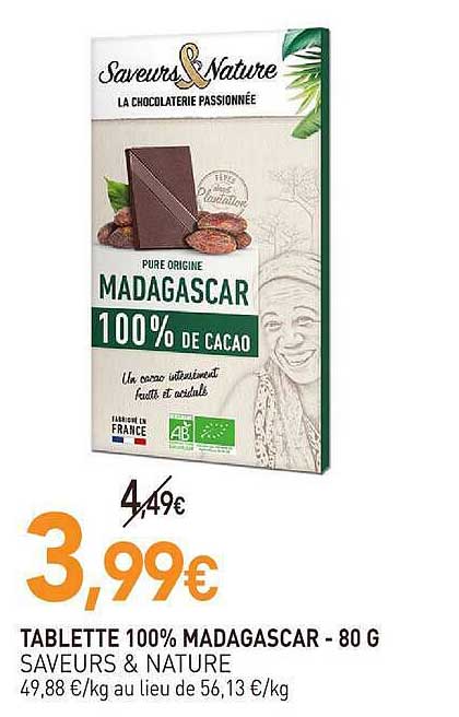 TABLETTE 100% MADAGASCAR - 80 G SAVEURS & NATURE