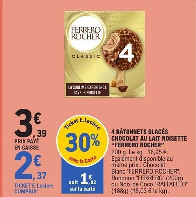 4 BÂTONNETS GLACÉS CHOCOLAT AU LAIT NOISETTE "FERRERO ROCHER"