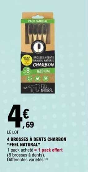4 BROSSES À DENTS CHARBON "FEEL NATURAL"