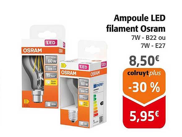 Ampoule LED filament Osram 7W - B22 ou 7W - E27