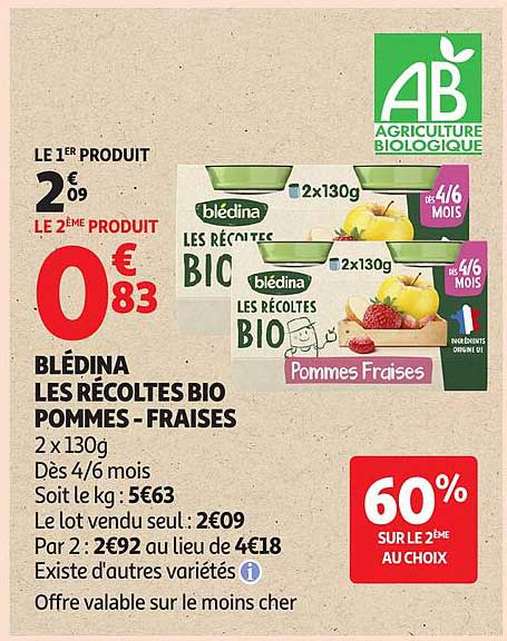BLÉDINA LES RÉCOLTES BIO POMMES - FRAISES 2x130g