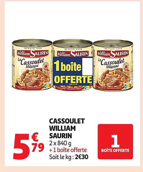 CASSOULET WILLIAM SAURIN 2 x 840 g + 1 boîte offerte