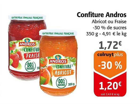 Confiture Andros Abricot ou Fraise -30 % de sucres