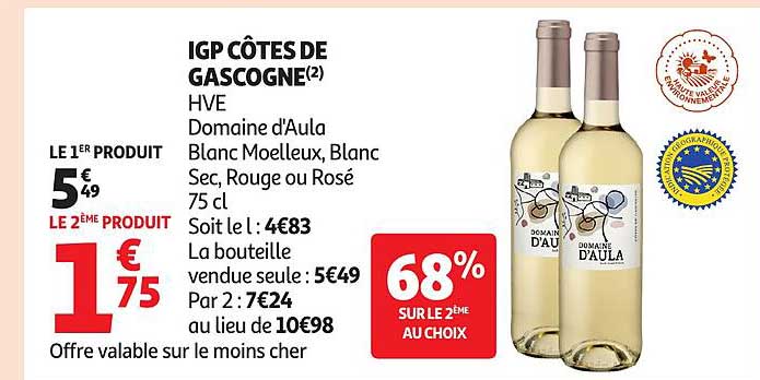 IGP CÔTES DE GASCOGNE HVE Domaine d'Aula Blanc Moelleux, Blanc Sec, Rouge ou Rosé 75 cl