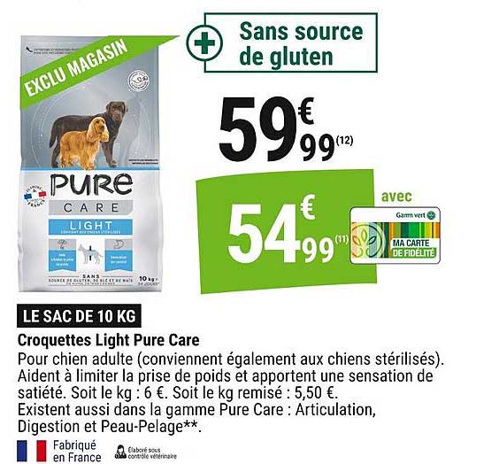 LE SAC DE 10 KG Croquettes Light Pure Care