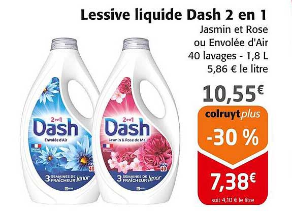 Lessive liquide Dash 2 en 1 Jasmin et Rose ou Envolée d'Air