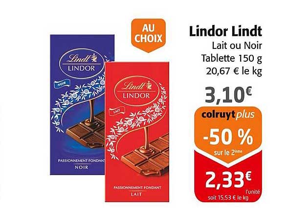 Lindor Lindt Lait ou Noir Tablette 150 g