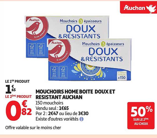 MOUCHOIRS HOME BOITE DOUX ET RESISTANT AUCHAN