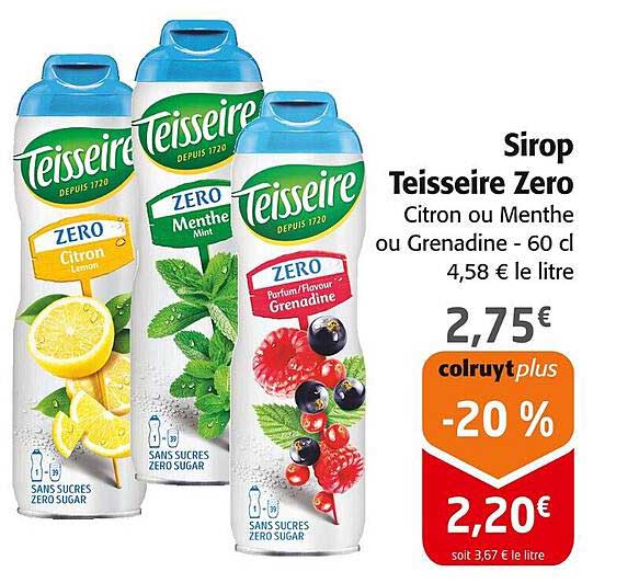 Sirop Teisseire Zero Citron ou Menthe ou Grenadine - 60 cl