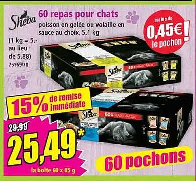 60 repas pour chats poisson en gelée ou volaille en sauce au choix, 5,1 kg