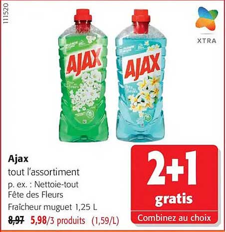 Ajax tout l’assortiment p. ex. : Nettoie-tout Fête des Fleurs Fraîcheur muguet 1,25 L
