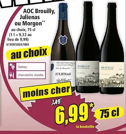 AOC Brouilly, Julienas ou Morgon** au choix, 75 cl (1 l = 9,32 au lieu de 9,99)