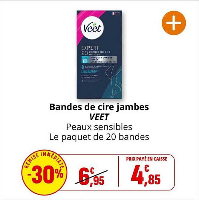 Bandes de cire jambes VEET Peaux sensibles Le paquet de 20 bandes