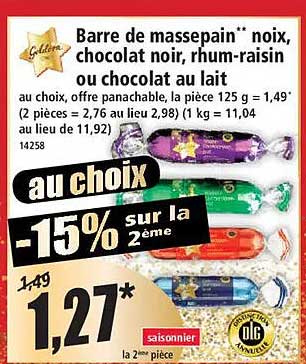 Barre de massepain* noix, chocolat noir, rhum-raisin ou chocolat au lait